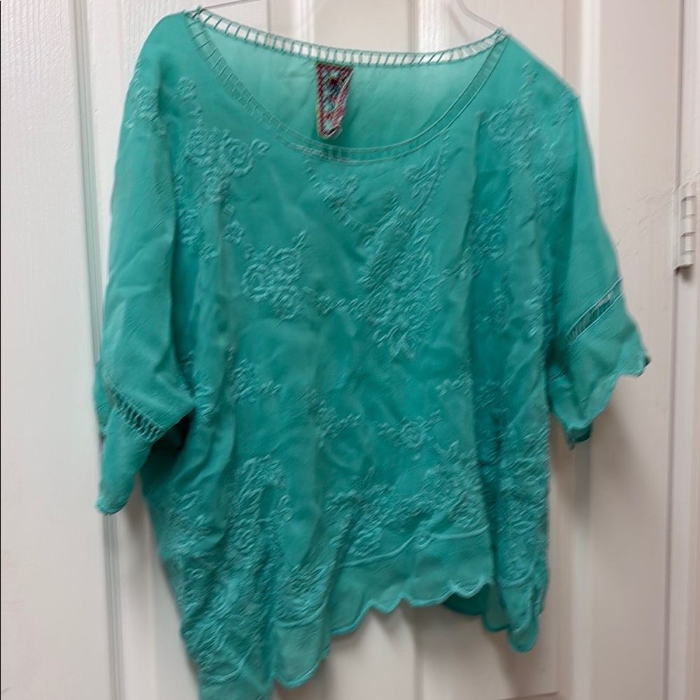 Johnny Was Blue and Green Boxy Dolman Sleeve Blouse